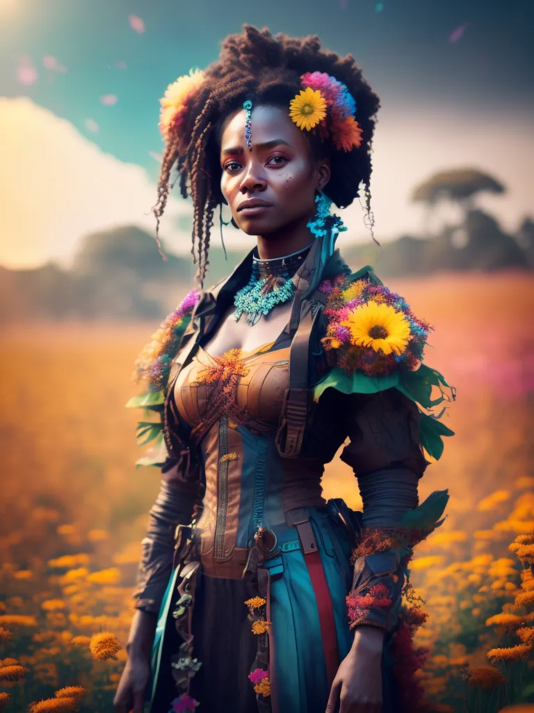 This image shows a woman of color with dark curly hair. She is wearing a brown leather bodice with green, yellow, and pink flowers on it. She also has a necklace and earrings made of flowers. She is standing in a field of yellow flowers and has a serious expression on her face.