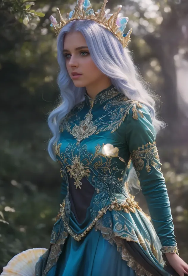 The image shows a beautiful woman with long, flowing blue hair. She is wearing a blue dress with gold and silver accents. The dress is very detailed, with intricate designs and patterns. The woman is also wearing a crown and a necklace. She is standing in a forest, and there are trees and leaves in the background. The woman is looking at the camera with a serious expression.