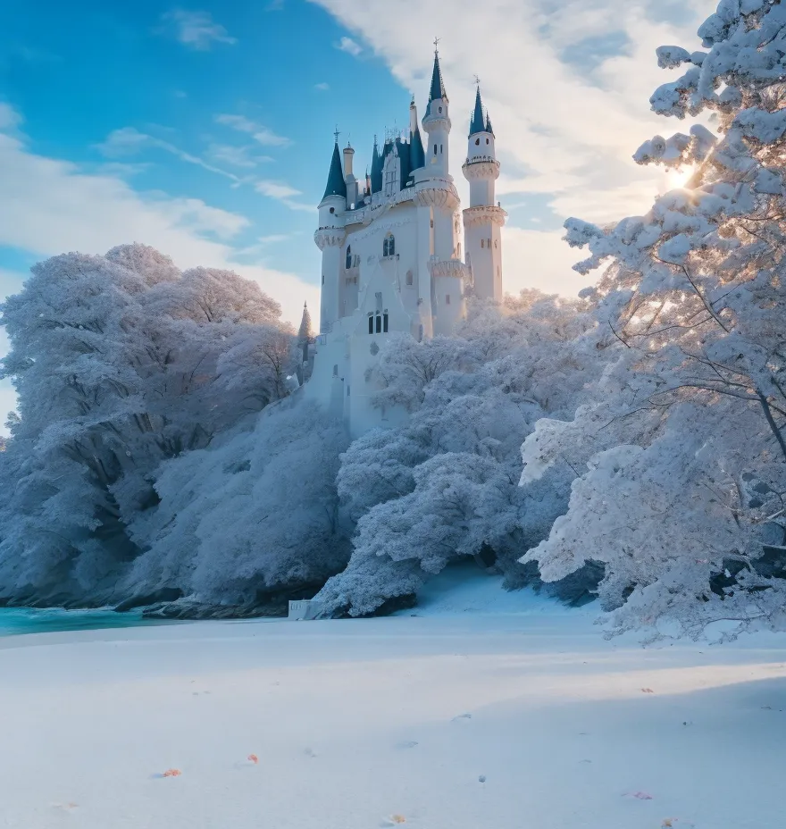 The image is a beautiful winter landscape of a castle. The castle is made of white stone and has many towers and turrets. It is surrounded by snow-covered trees and mountains. The sun is shining brightly, and the sky is a clear blue. There is a long set of stairs leading up to the castle.