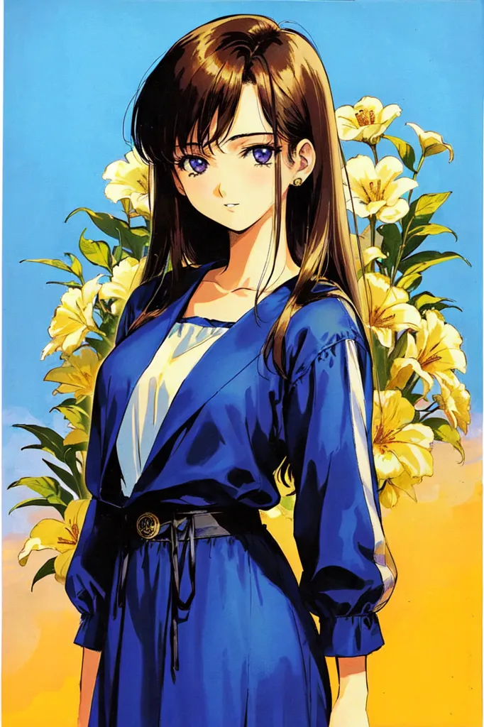 The image shows a young woman with long brown hair and purple eyes. She is wearing a blue dress with a white collar and a yellow belt. There are yellow flowers on the left side of her. The background is a gradient of blue and yellow.