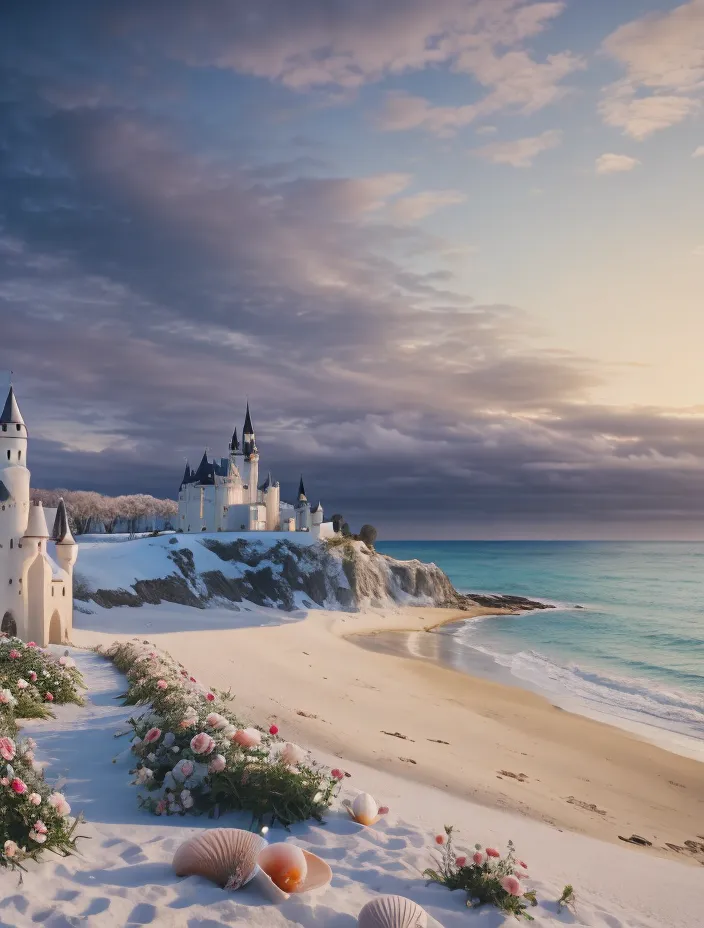 The image is a beautiful winter landscape. There is a large castle on a cliff overlooking the ocean. The castle is made of white stone and has black turrets. The snow is falling on the castle and the beach. The ocean is a deep blue color and the waves are crashing on the shore. There are some shells and flowers on the beach. The sky is a light blue color and there are some clouds in the sky. The sun is setting and the sky is a golden orange color. The image is very peaceful and serene.