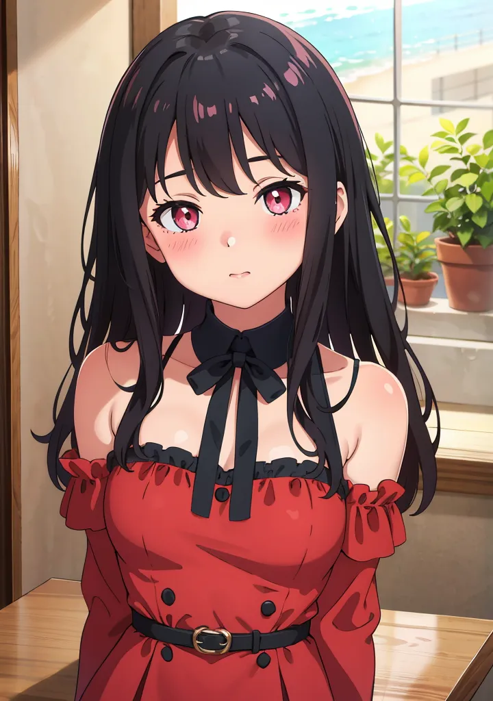 The image shows a young woman with long black hair and red eyes. She is wearing a red dress with a black ribbon around her neck. She is sitting in a room with a window in the background. There are plants on the windowsill. The woman has a shy expression on her face and is looking at the viewer.