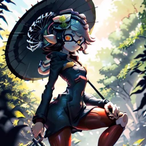 This image is of a character from the Splatoon video game series. She is an inkling, which is a type of squid-like creature that can transform into a human form. She is wearing a black and red outfit and is carrying a Japanese umbrella. She is standing in a forest and is surrounded by trees. The sun is shining through the trees and is creating a dappled pattern on the ground.