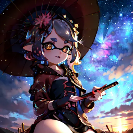 The image is of a young girl with an umbrella. She is wearing a traditional Japanese kimono and has a flower in her hair. The background is a starry night sky. The girl is sitting on a rock and is holding a brush in her right hand. She has a determined look on her face, as if she is about to paint something important.