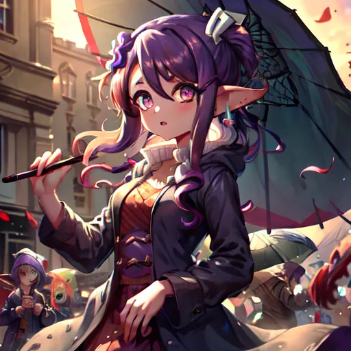 The image is a painting of a purple-haired anime girl with pointy ears. She is wearing a purple coat and a red and white dress. She is holding a purple umbrella. She is standing in a rainy street with other people walking around. There are also some small creatures in the image. The painting is very detailed and the colors are vibrant. The girl's expression is serious.