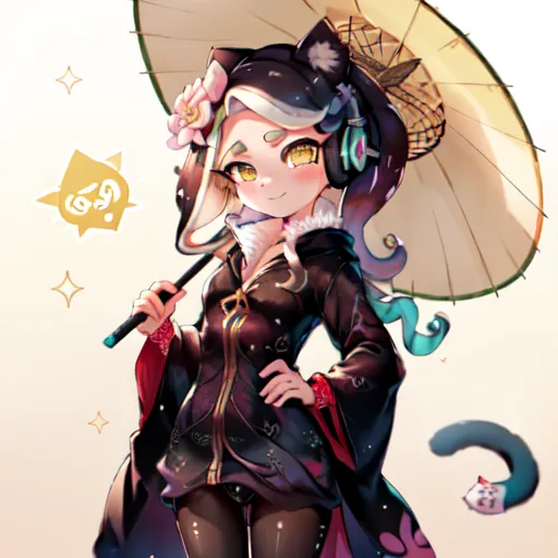 Cette image représente un personnage de la série Splatoon, une créature anthropomorphe ressemblant à une pieuvre avec des tentacules noirs et des yeux jaunes. Elle porte un kimono noir avec des accents roses et violets et une obi jaune. Elle porte également une capuche noire avec des oreilles de chat et tient un parasol jaune avec un motif de fleurs roses. Elle a une expression malicieuse sur le visage et se tient dans une pose confiante. L'arrière-plan est un dégradé de rose clair et de jaune avec des étincelles blanches.