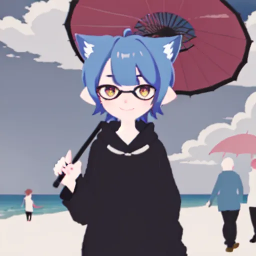 Ini adalah gambar seorang anak laki-laki anime dengan telinga kucing dan rambut biru. Dia mengenakan hoodie hitam dan kacamata. Dia memegang payung merah. Dia berdiri di pantai. Ada orang lain di latar belakang.