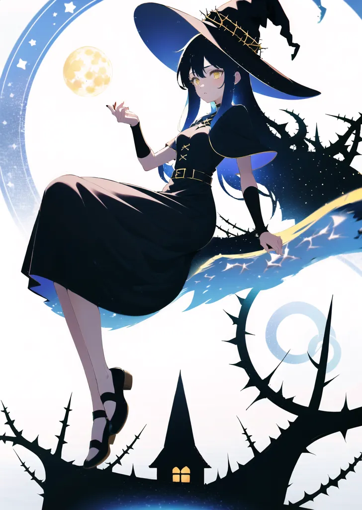 The image is of a young woman dressed as a witch. She has long black hair, yellow eyes, and is wearing a black hat with a thorned brim. She is wearing a black dress with a white collar and a blue sash. She is also wearing black shoes with blue buckles. She is sitting on a branch of a tree that is covered in thorns. The background of the image is a full moon with a starry night sky.