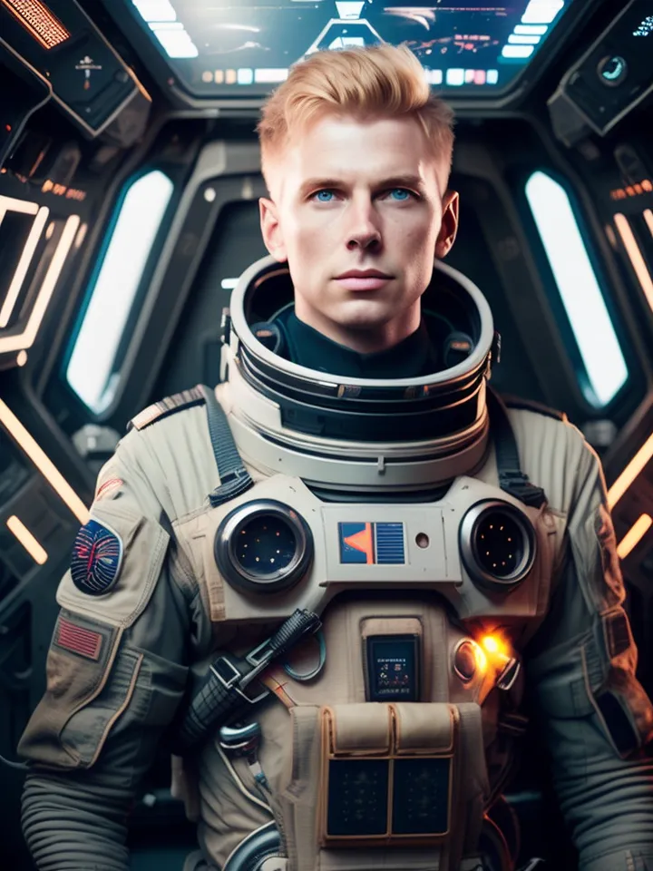 Esta é uma imagem de um jovem astronauta do sexo masculino usando um traje espacial com o capacete fora. Ele tem cabelos loiros curtos e olhos azuis. Ele está em pé em uma nave espacial ou estação espacial, e há muitas luzes e botões nas paredes.