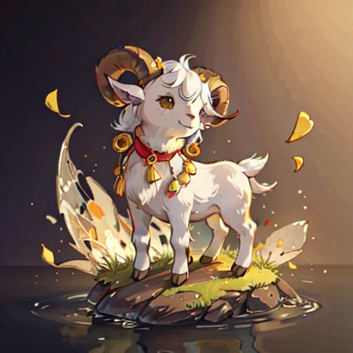 The image shows a cartoon goat standing on a rock in a body of water. The water is surrounded by a dark background. The goat has white fur, brown horns, and yellow eyes. It is wearing a red collar with bells and has a white goatee. The goat is standing on a small rock that is covered in green grass. There is a large leaf on the left side of the goat and several yellow leaves falling from the top of the image.