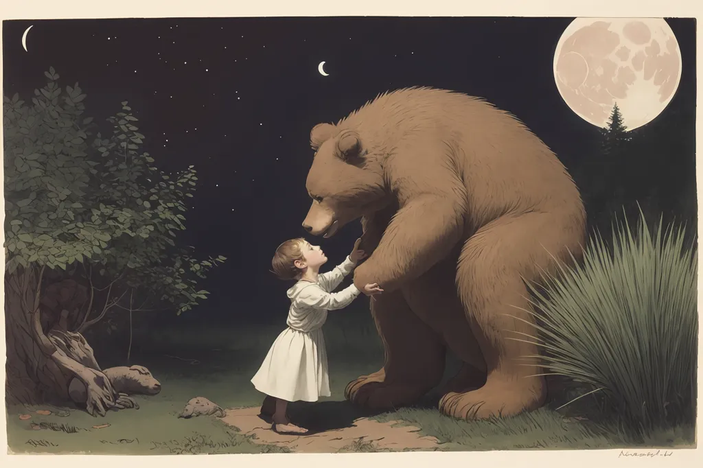 A girl is hugging a large brown bear. The bear is standing on its hind legs and has its paws on the girl's shoulders. The girl is wearing a white dress and has her eyes closed. The bear has a gentle expression on its face. The background is a night sky with a full moon and stars. There is a tree next to them.