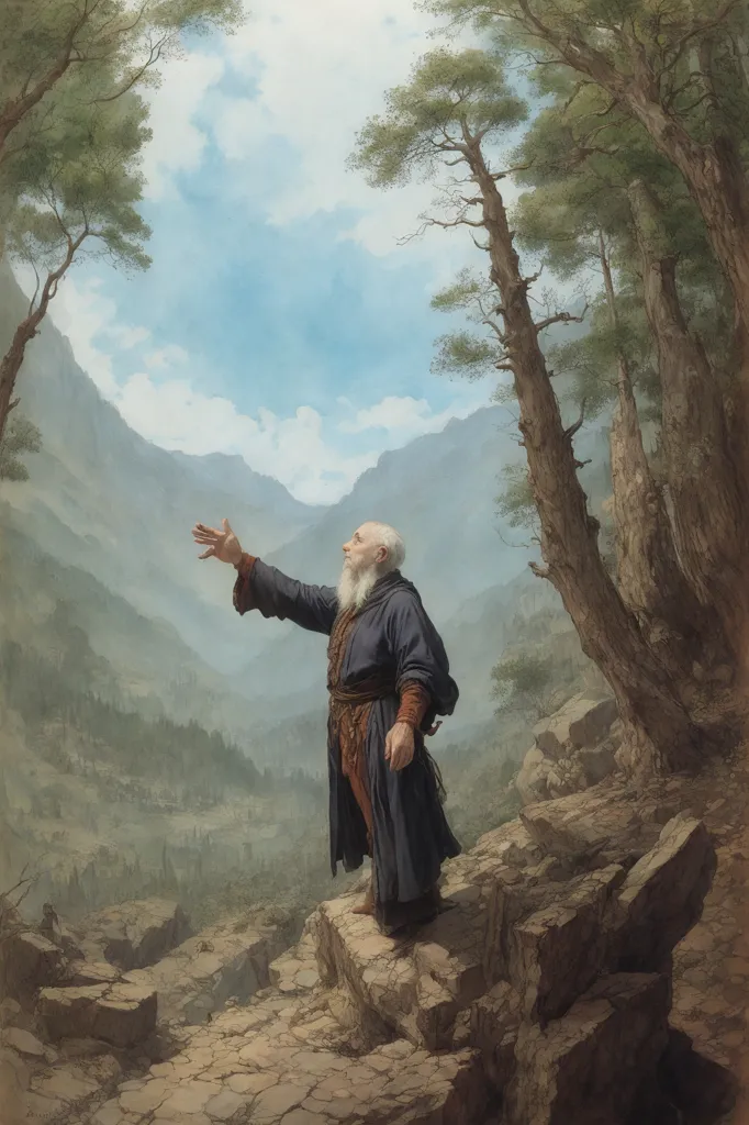 The image is of an old man standing on a rock in the middle of a forest. He is wearing a long blue robe and has a long white beard. His hand is raised in the air, as if he is casting a spell. The background is a mountain landscape, with a large mountain in the distance. The sky is blue and there are some clouds. The painting is done in a realistic style, and the colors are muted and natural.