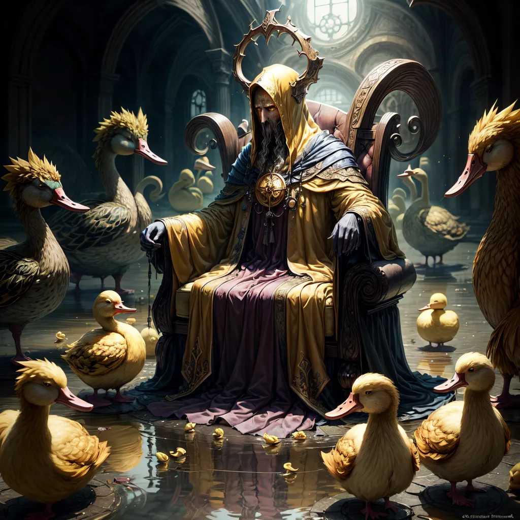 The image is of a man sitting on a throne in a dark room. The man is wearing a long black robe with a yellow sash and a tall, pointed hat. He has a long white beard and a stern expression on his face. He is holding a staff in his right hand. The room is filled with ducks. The ducks are all different sizes and colors, and they are all quacking and flapping their wings. The man is surrounded by the ducks, and he seems to be unconcerned by them. The image is both whimsical and unsettling. It is unclear what the relationship between the man and the ducks is, but it is clear that the man is in control.