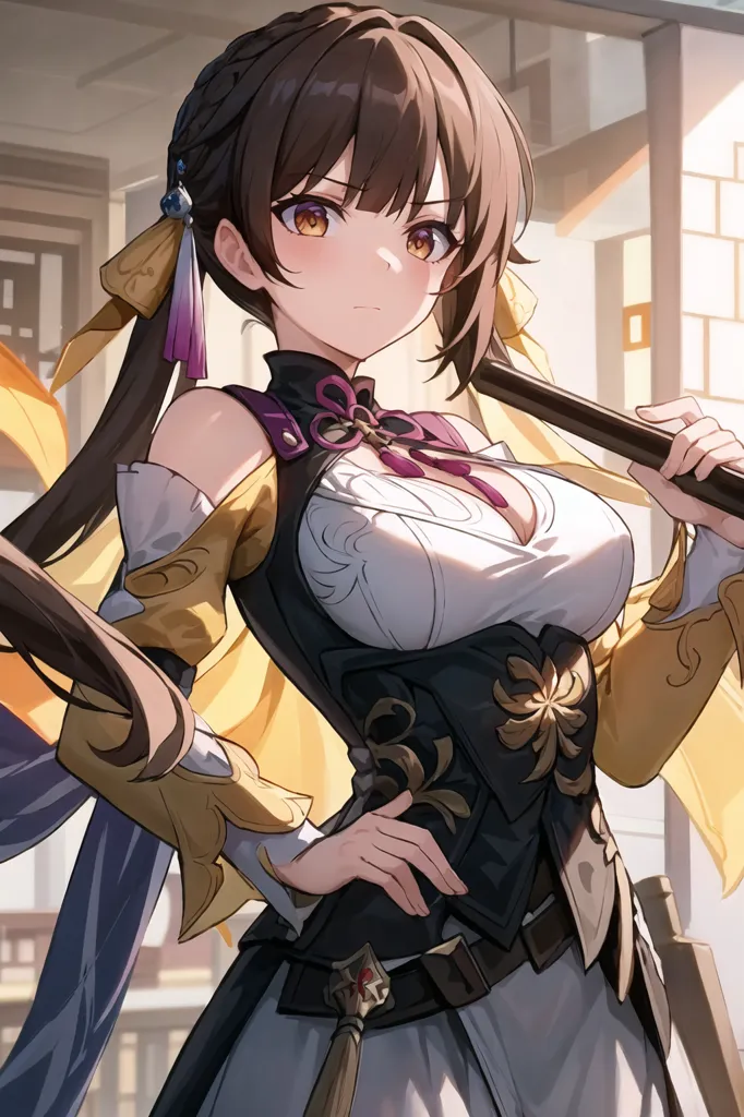 A imagem mostra uma garota em estilo anime com cabelos castanhos e olhos roxos. Ela está usando um vestido estilo cheongsam branco e amarelo com um corpete preto e um laço roxo no cabelo. Ela tem uma expressão confiante no rosto e está segurando uma naginata na mão direita. Ela está em pé em uma sala de estilo tradicional chinês com paredes vermelhas e janelas de treliça branca.