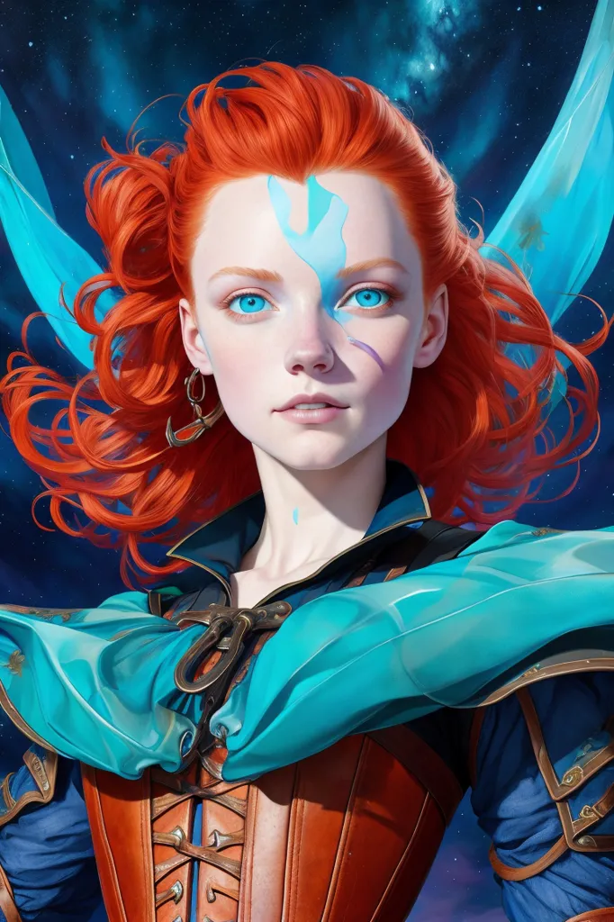 Esta imagem mostra uma mulher ruiva de olhos azuis. Ela está usando um conjunto azul e marrom e tem uma espada na cintura. Ela tem uma expressão determinada no rosto e parece estar pronta para uma luta. O fundo é azul escuro com estrelas.