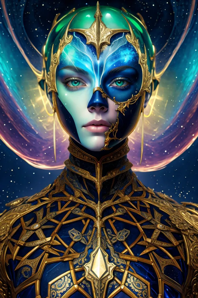 A imagem é de uma mulher com pele azul e olhos verdes. Ela está usando um adereço de cabeça dourado e uma peça de peito dourada. Seu rosto está parcialmente coberto pelo adereço de cabeça, e seus olhos estão estreitados. Ela tem uma expressão séria no rosto. O fundo é um céu estrelado azul escuro com uma luz branca brilhante no centro.