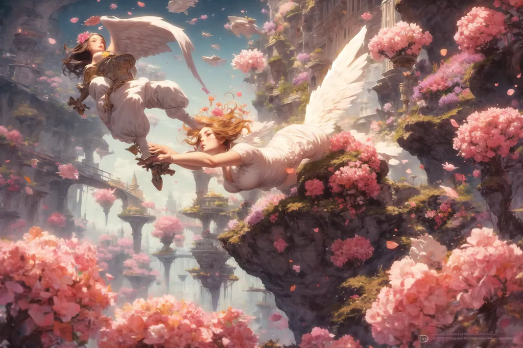 The image is of two women, both with long flowing hair and wearing white dresses, flying through a sky filled with pink cherry blossoms. The women are holding hands and appear to be enjoying their flight. The background is a blur of green leaves and pink flowers. The image is very beautiful and has a dreamlike quality to it.