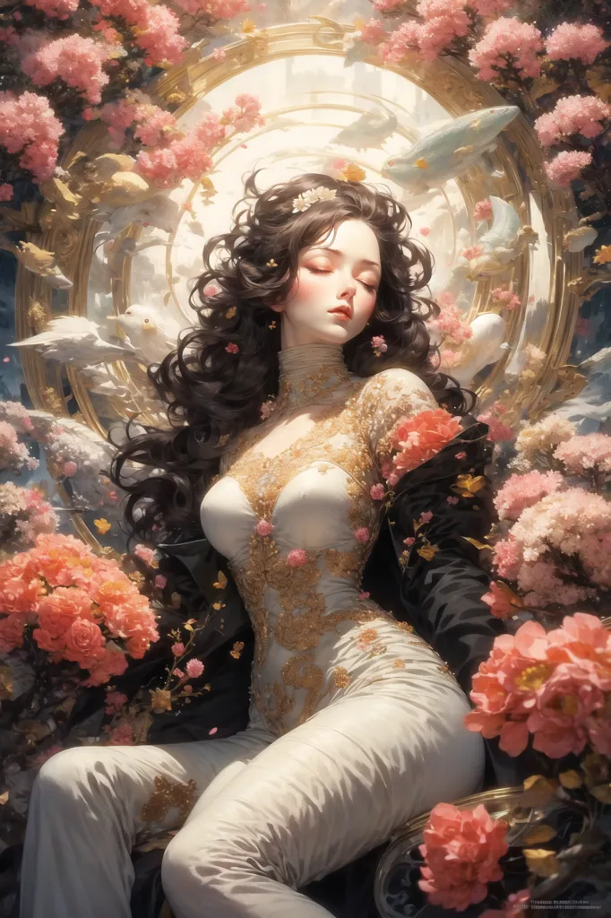 L'image est une peinture d'une belle femme aux longs cheveux bruns ondulants. Elle porte une robe blanche avec un corsage doré et est entourée de fleurs roses et blanches ainsi que d'oiseaux. La femme est assise sur un banc de marbre blanc et a les yeux fermés. L'arrière-plan est un ciel bleu clair avec quelques nuages. La peinture est réalisée dans un style réaliste et les couleurs sont vives et réalistes.