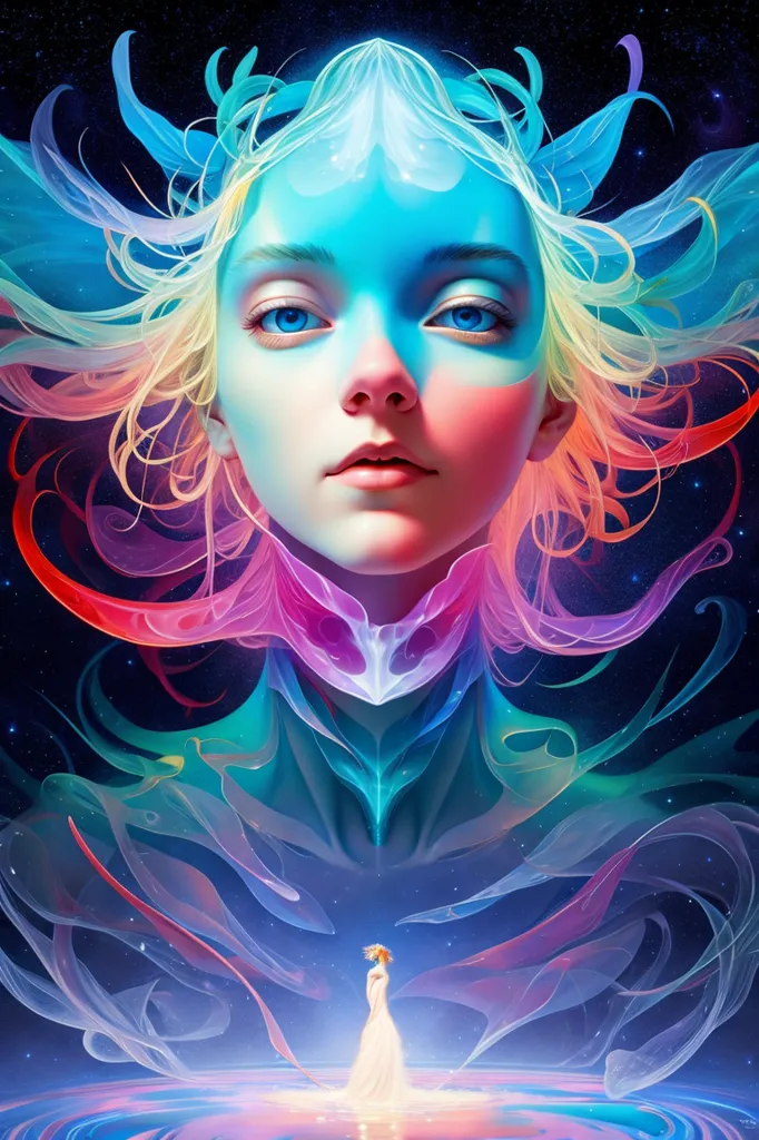 Cette image montre une femme à la peau bleu clair et aux longs cheveux ondulants aux couleurs arc-en-ciel. Ses yeux sont bleus et ses lèvres sont roses. Elle porte une robe blanche avec une écharpe bleue. Elle se tient devant un fond bleu foncé avec un cercle blanc au centre. Une petite figure blanche se tient dans le cercle. La femme a les mains tendues devant elle.