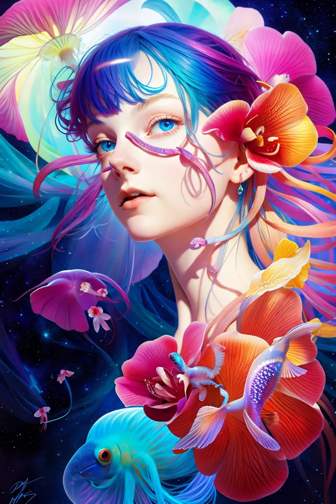 Esta é uma imagem de uma mulher com cabelo azul e olhos azuis. Ela tem uma flor no cabelo e há outras flores e peixes ao redor dela. Ela está usando um vestido branco. O fundo é azul escuro com estrelas.