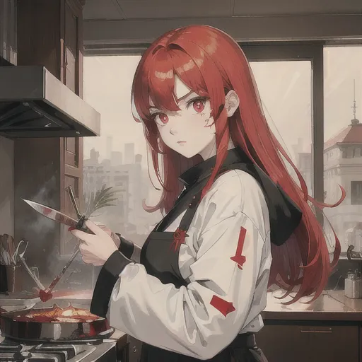 The image depicts a young woman with long red hair and red eyes. She is wearing a white apron over a black shirt and is standing in a kitchen. She is holding a knife in her right hand and appears to be preparing food. The background of the image is a window with a cityscape in the distance.