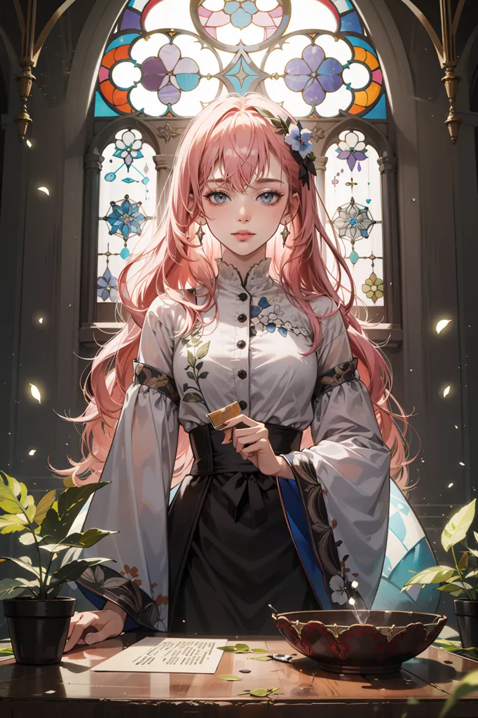 The image is of a young woman standing in front of a stained glass window. She has long pink hair and blue eyes, and is wearing a white blouse with a black skirt. She is holding a book in her hands, and there is a bowl of water on the table in front of her. The background is a dark color, and the overall mood of the image is one of mystery and intrigue.