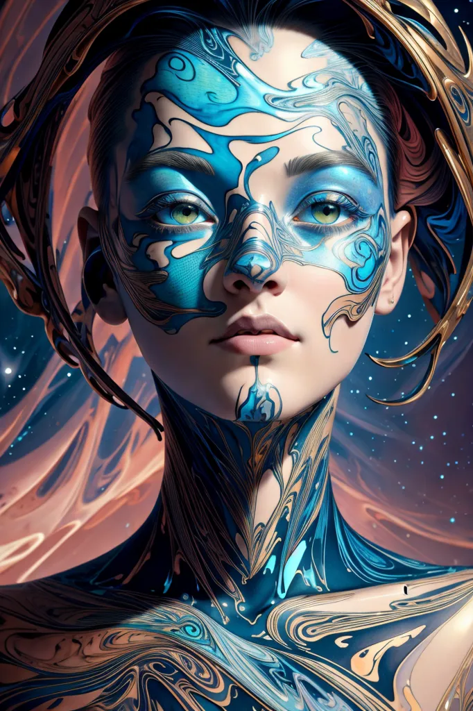 L'image est un portrait d'une femme avec de la peinture bleue et dorée sur le visage et le cou. Elle a les yeux bleus et ses cheveux sont brun foncé. Elle porte un couvre-chef noir et doré. L'arrière-plan est bleu foncé avec des étoiles orange et jaune vif.