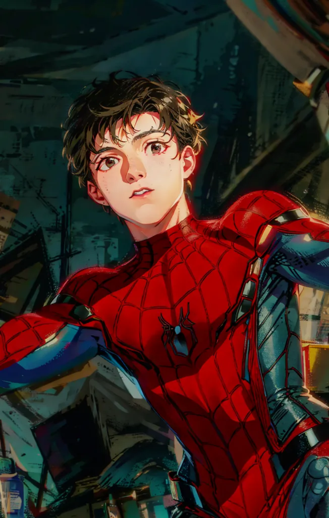 La imagen es una pintura digital de Spider-Man, un superhéroe de Marvel Comics. Se le representa con su traje avanzado con la máscara quitada, mostrando su rostro. Tiene el cabello y los ojos marrones, y mira al espectador con una expresión decidida. Está de pie en un entorno urbano oscuro, con un edificio al fondo. La pintura está hecha en un estilo realista, y los colores son vibrantes y saturados.