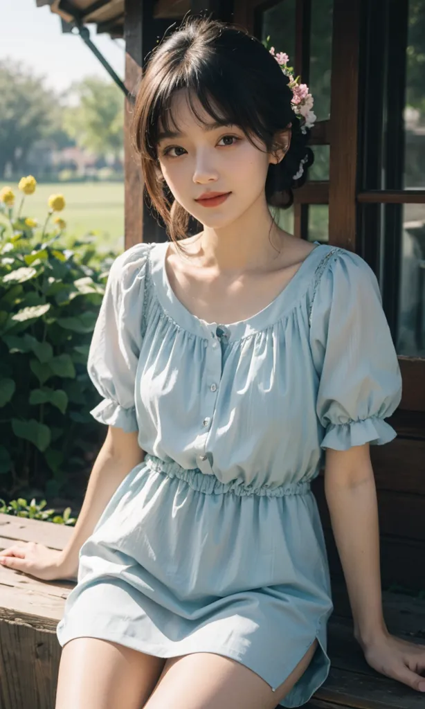 The image shows a young woman sitting on a bench in a garden. She is wearing a blue dress with a white collar. The dress has a pleated skirt and short sleeves. The woman has long dark hair with bangs and a small pink flower in her hair. She is wearing light makeup and has a gentle smile on her face. The background of the image is blurry, but it looks like there are trees and flowers in the distance. The overall tone of the image is soft and romantic.