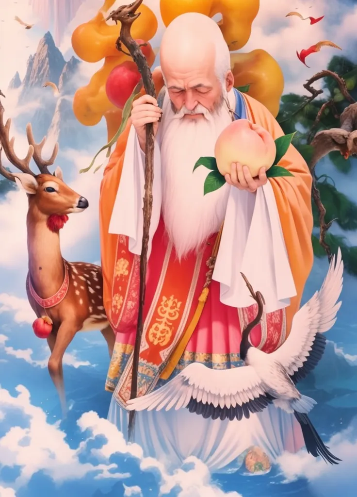 The image shows an elderly man with a long white beard and a peach in his hand. He is wearing a red and yellow robe and has a deer and a crane on either side of him. The background is a mountain landscape with clouds and bats. The man is likely a Chinese immortal or deity, as he is surrounded by symbols of good luck and fortune.