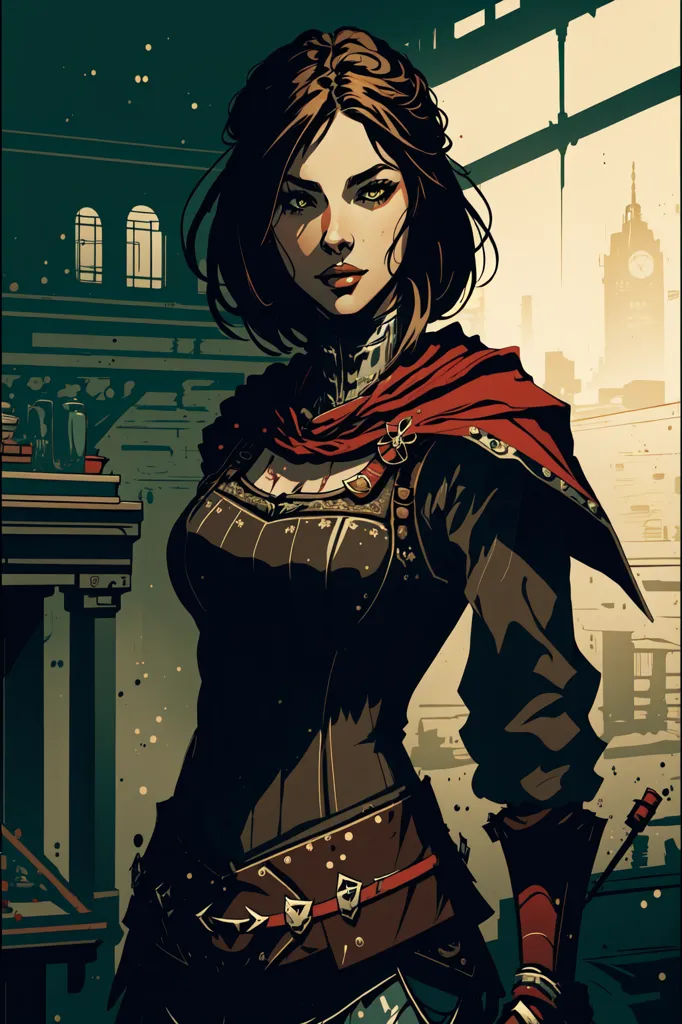 The image is of a young woman with brown hair and green eyes. She is wearing a dark brown leather corset with a red sash and a red scarf around her neck. She has a sword in her right hand and a dagger in her left hand. She is standing in front of a large window with a clock tower in the background.