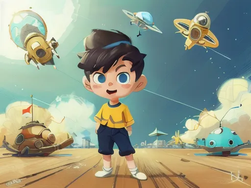 The image shows a young boy standing on a wooden platform in a whimsical world. He is wearing a yellow shirt, blue shorts, and white shoes. He has brown hair and blue eyes. He is smiling and looking up at the sky, where there are four spaceships of various designs. In the background, there is a large blue planet with a red flag. The ground is made of light brown wooden planks. The sky is light blue with white clouds.