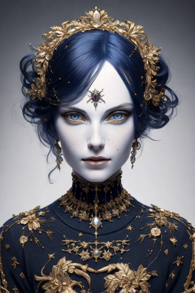 The image shows a woman with blue hair and gold eyes. She is wearing a blue dress with gold and silver accents. She has a gold crown on her head and a necklace around her neck. Her ears are adorned with blue earrings. The background is grey.