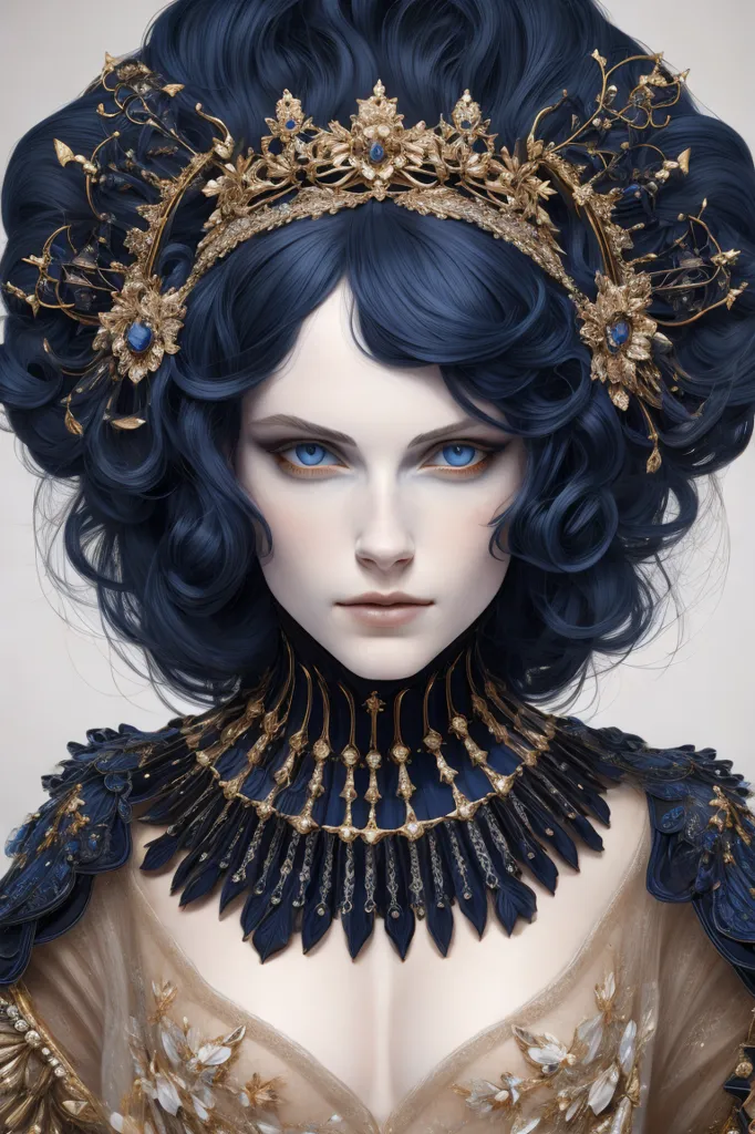 The image is a portrait of a woman with long, dark blue hair. She is wearing a golden crown and a golden necklace with a blue gem in the center. The woman's eyes are blue and her skin is pale. She is wearing a white and gold dress with a blue sash. The background is a light gray.