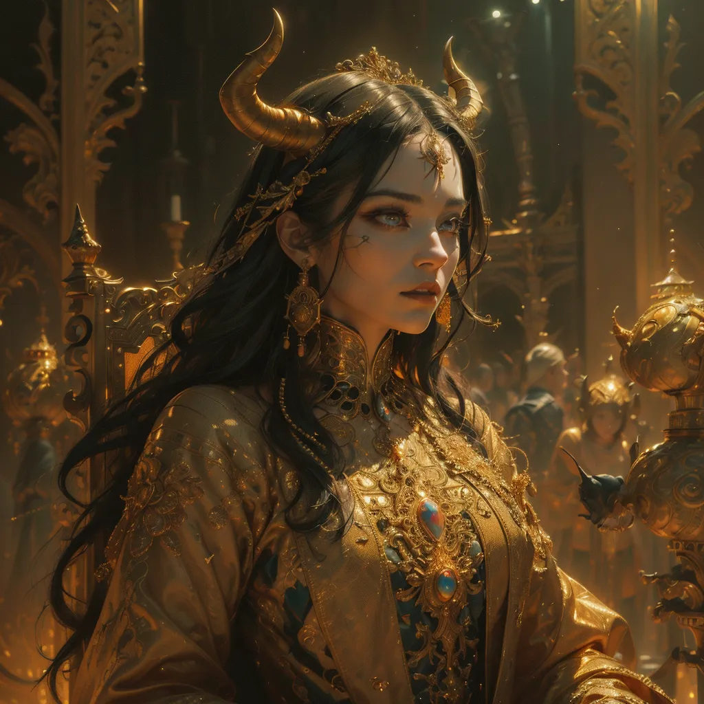 The image shows a woman with long black hair and brown eyes. She is wearing a golden dress with a high collar and a golden headdress with bull horns. She is also wearing a lot of jewelry, including a necklace, earrings, and bracelets. She is sitting on a throne in a large hall with a golden background. There are people in the background, but they are out of focus.