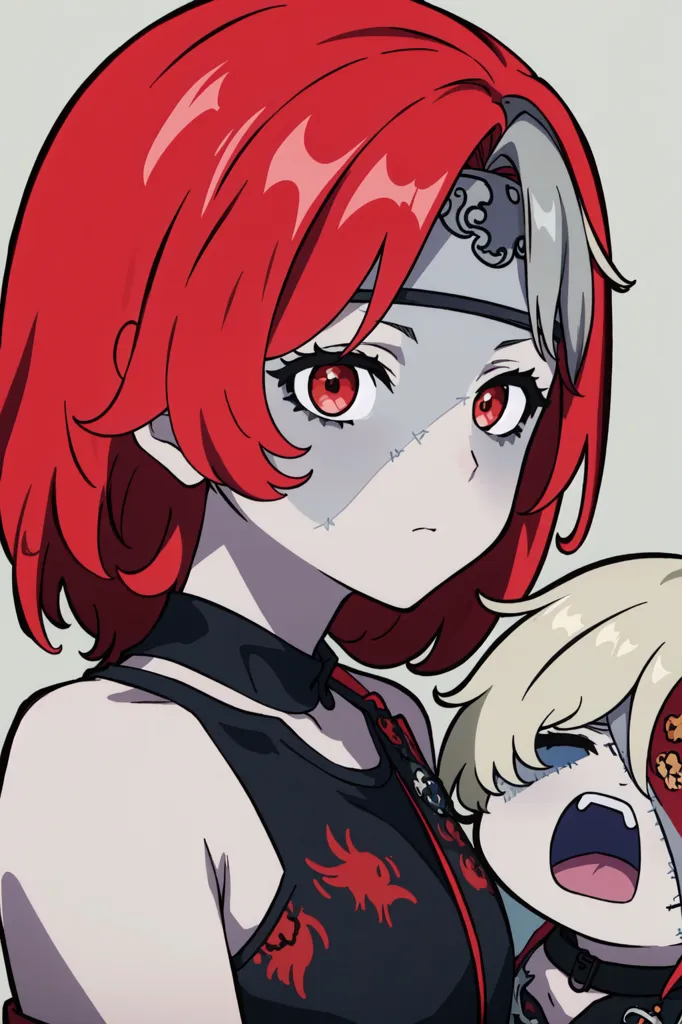 The image is a digital illustration of a young woman with red hair and red eyes. She is wearing a black headband and a black choker with a red gem in the center. The woman has a serious expression on her face, and there is a small, childlike creature with blond hair and blue eyes clinging to her shoulder. The creature has a shocked expression on its face.