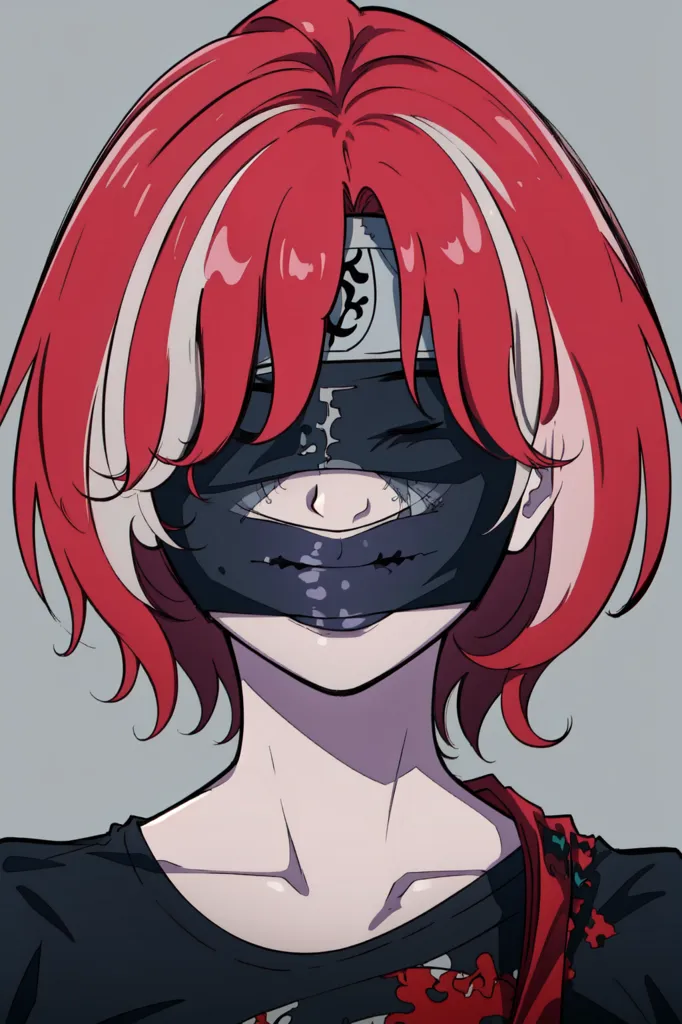 This is an image of a young person with short red hair and their eyes closed. They are wearing a black mask that covers their nose and mouth. The mask has two red lines going across the cheeks. They are wearing a black shirt with a red collar. There is a bandage wrapped around their neck.