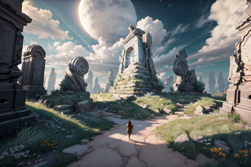 The image is of a ruined city. There are large, broken buildings and statues everywhere. The sky is dark and cloudy, and there is a large moon in the sky. A figure is walking away from the camera.