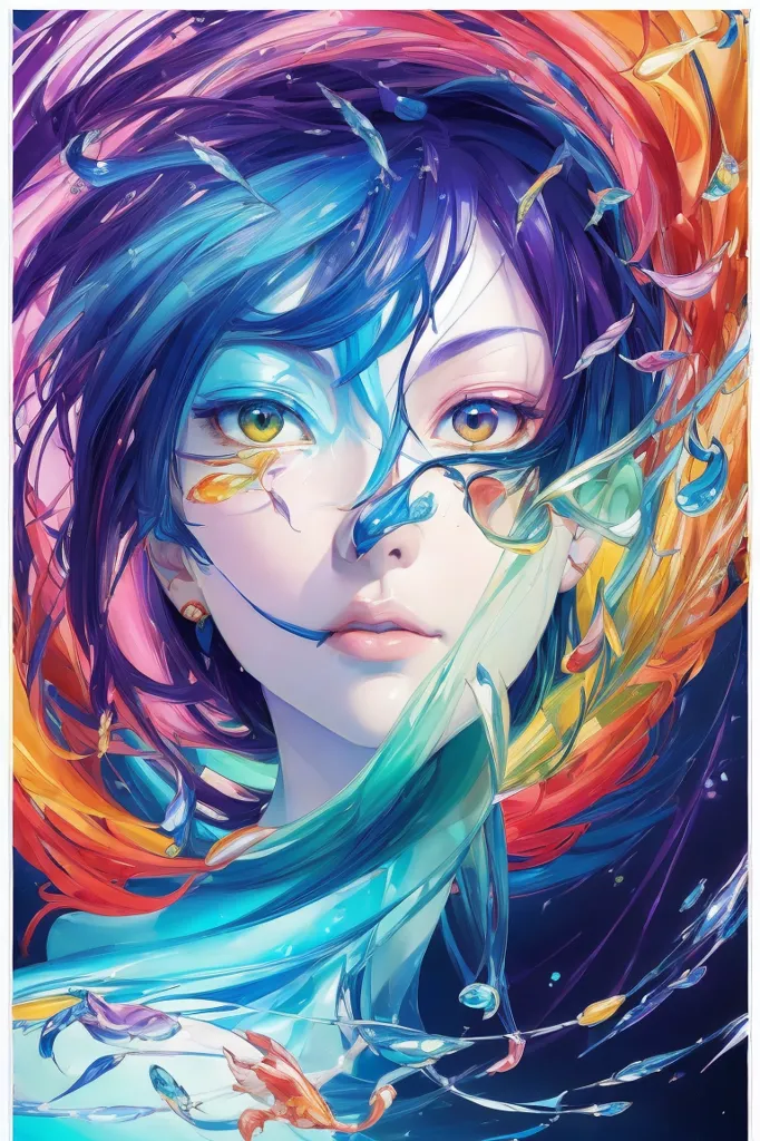 La imagen es una pintura de una mujer con el cabello largo y ondulado. El cabello es una mezcla de azul, verde y morado. Los ojos de la mujer son de un color azul claro, y sus labios son de un rosa suave. Su piel es pálida y tiene algunas pecas en el rostro. El fondo de la pintura es de color azul oscuro, y hay algunos peces pequeños y de color claro nadando alrededor. La pintura tiene una sensación muy suave y etérea.