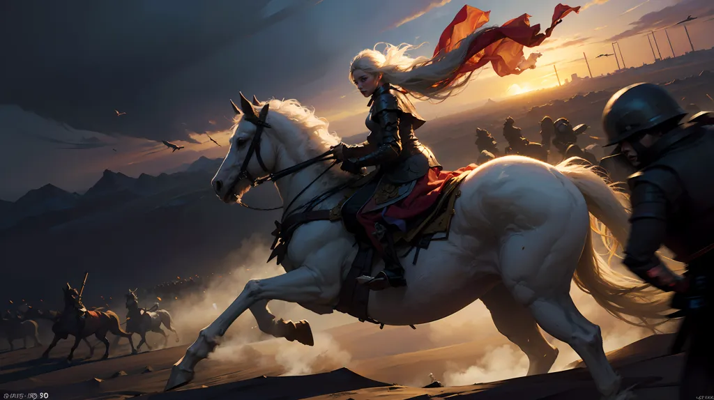 A woman with long white hair is riding a white horse. She is wearing silver armor and a red cape. She is holding a sword in her right hand. The horse is running fast. There are other people on horses behind her. They are also wearing armor and carrying weapons. The sun is setting in the background. The sky is orange and yellow. There are clouds in the sky. The ground is covered in sand.