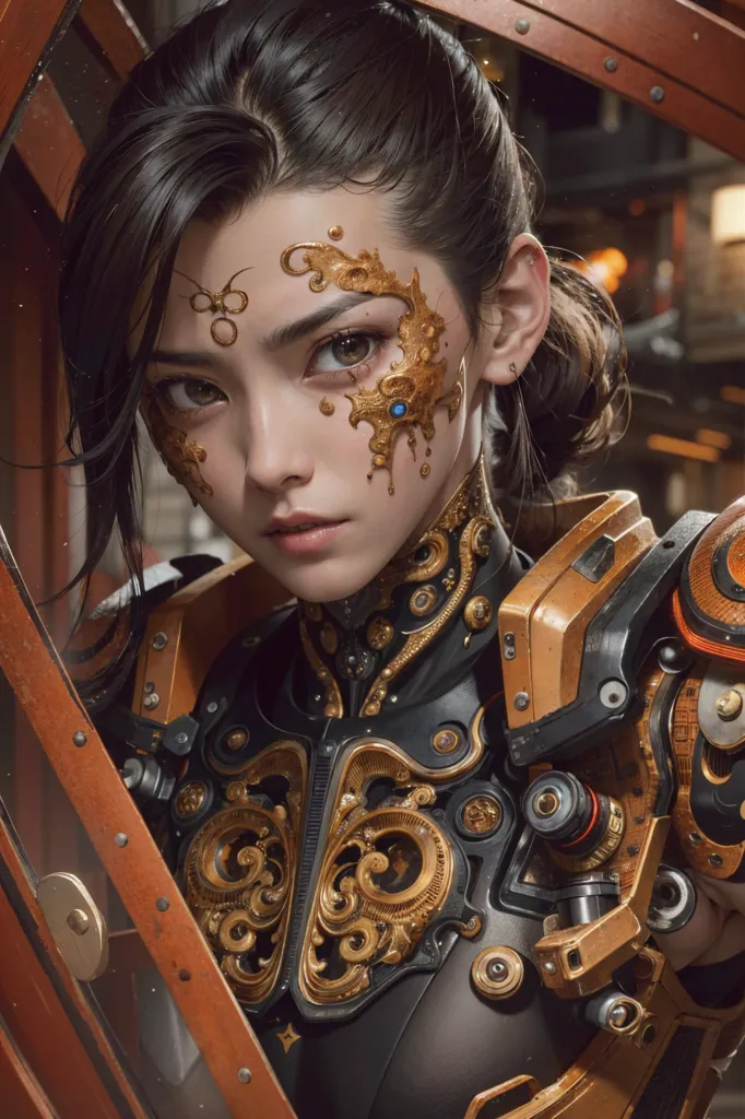 The image is of a young woman with dark hair and brown eyes. She is wearing a black and gold steampunk-style outfit with intricate golden patterns and metal accents. The outfit covers her neck, chest, and shoulders. She has a serious expression on her face.