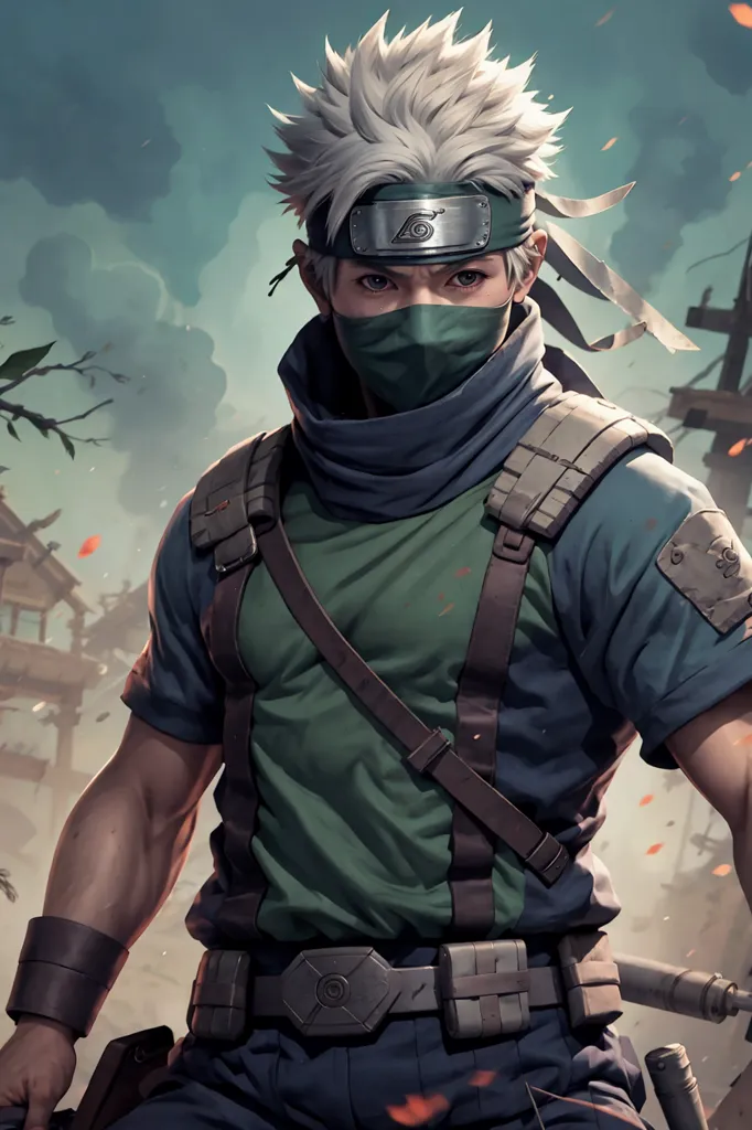 Esta é uma imagem de um personagem de anime com cabelo branco e olhos verdes. Ele está usando uma camisa verde e um colete azul. Ele também tem uma máscara cobrindo sua boca e uma bandana com um símbolo de folha nela. Ele está em pé em uma vila destruída com uma expressão séria no rosto.