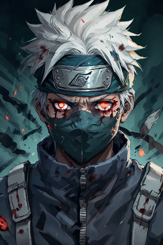 A imagem é de um personagem de anime com cabelo branco e olhos vermelhos. Ele está usando uma máscara preta e uma bandana da Folha. Seu cabelo é espetado e ele tem uma cicatriz na bochecha esquerda. Ele está rodeado por um fundo escuro com algumas manchas vermelhas e laranjas.