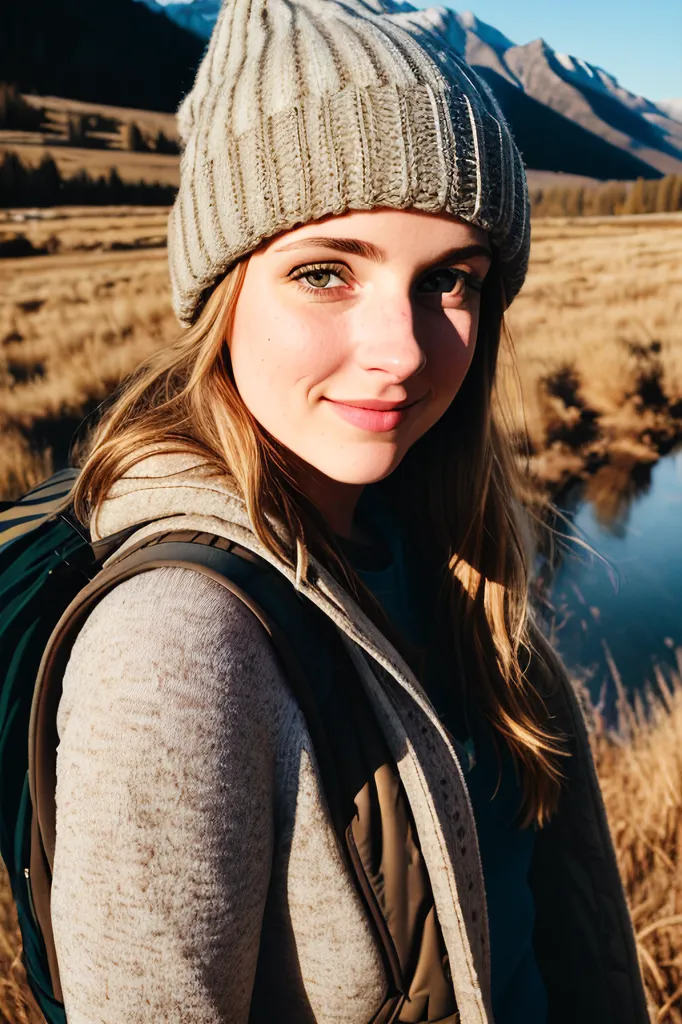 The image shows a young woman standing in a field of tall grass. She is wearing a gray beanie and a light gray sweater vest. She has a backpack on her back and is looking at the camera with a slight smile on her face. In the background, there is a mountain range covered in snow.