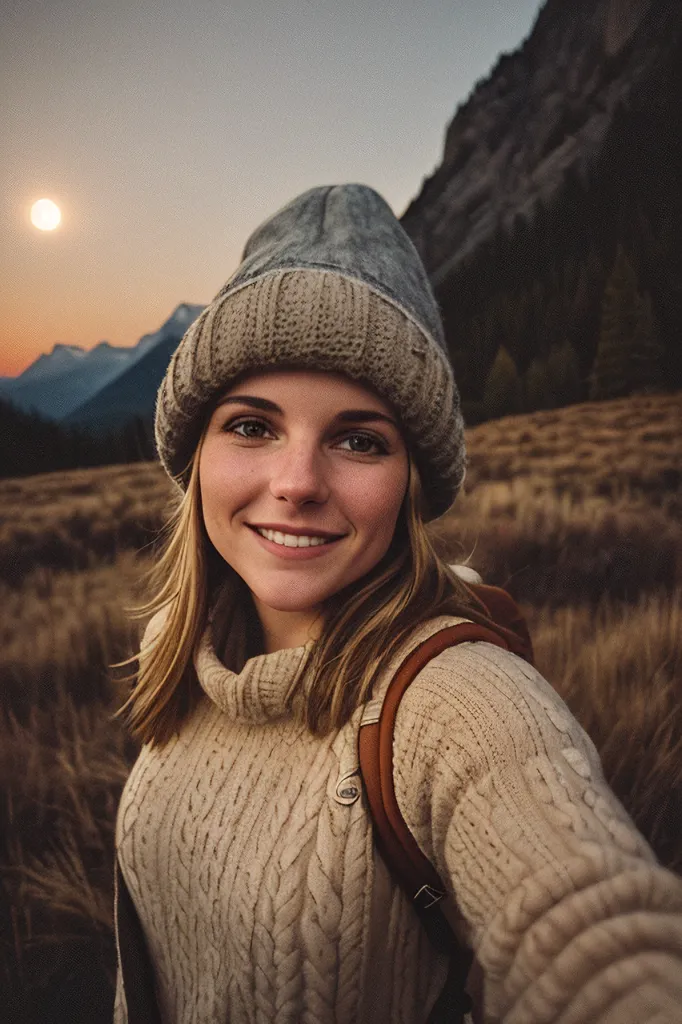 A imagem mostra uma mulher jovem, com cerca de 20 anos, com cabelos loiros longos e olhos azuis. Ela está usando um suéter de gola alta branco e um gorro cinza. Ela está em pé em um campo de grama alta, com uma grande montanha ao fundo. O sol está se pondo atrás da montanha e o céu está em um tom dourado-alaranjado. A mulher está sorrindo e olhando para a câmera.