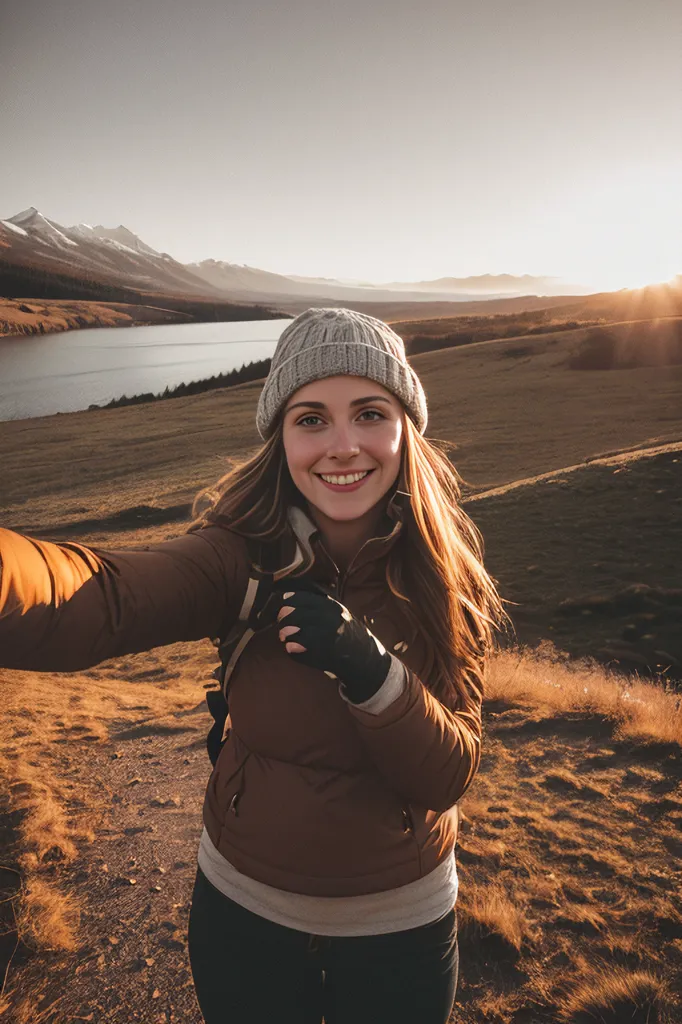 A imagem mostra uma jovem mulher tirando uma selfie no topo de uma colina. Ela está usando um casaco marrom, um gorro cinza e luvas pretas. Ela tem uma mochila nas costas e está sorrindo para a câmera. No fundo, há um lago e montanhas cobertas de neve. O sol está se pondo e o céu está em um tom dourado alaranjado.