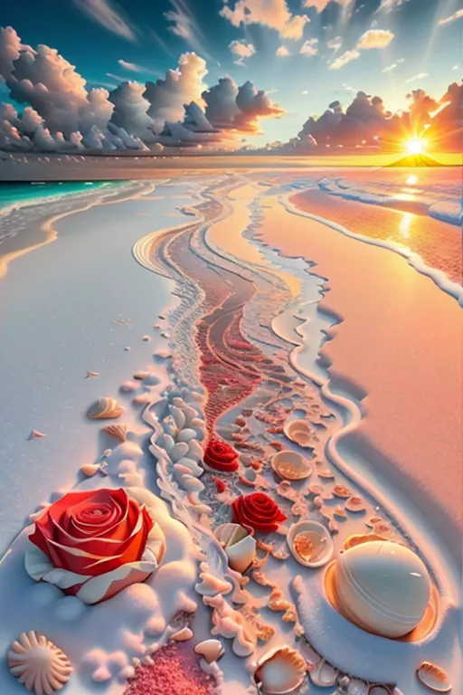 The image is a beautiful beach scene. The sand is white and pink, and the water is a crystal-clear blue. The sun is setting, and the sky is a gradient of orange, pink, and purple. There are clouds dotting the sky. There are also some shells and red roses on the beach.