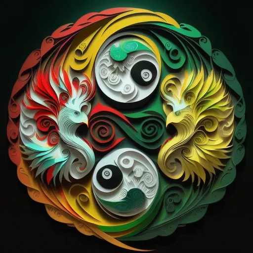 The image is a circle divided into three colors, red, yellow, and green. In each color section is a phoenix with its tail feathers spread out. The red and green phoenixes face each other, while the yellow one faces the viewer. The phoenixes are made of intricate patterns and swirls. The background is black with a subtle gradient from dark to light green.