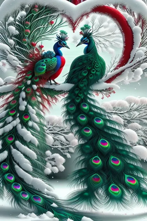 The image is a painting of two peacocks in a snowy forest. The peacocks are standing on a branch of a tree, and they are facing each other. The male peacock has his tail feathers spread out in a fan, and the female peacock is looking at him. The peacocks are surrounded by snow-covered trees, and there is a red heart-shaped frame around them. The painting is done in a realistic style, and the colors are vibrant and lifelike.