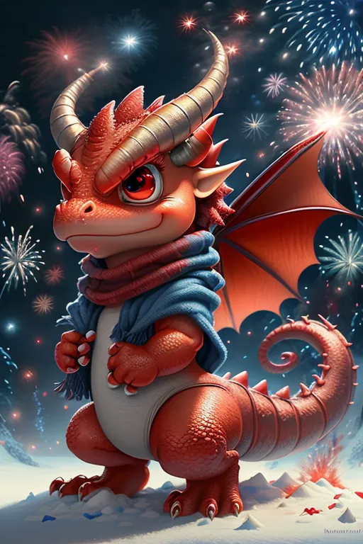 The image shows a red dragon wearing a blue scarf standing on a snowy field. The dragon has its wings folded and is looking at the viewer with a slightly annoyed expression. In the background, there are fireworks exploding in the night sky. The dragon is standing on a pile of snow and there are also some snowflakes falling.